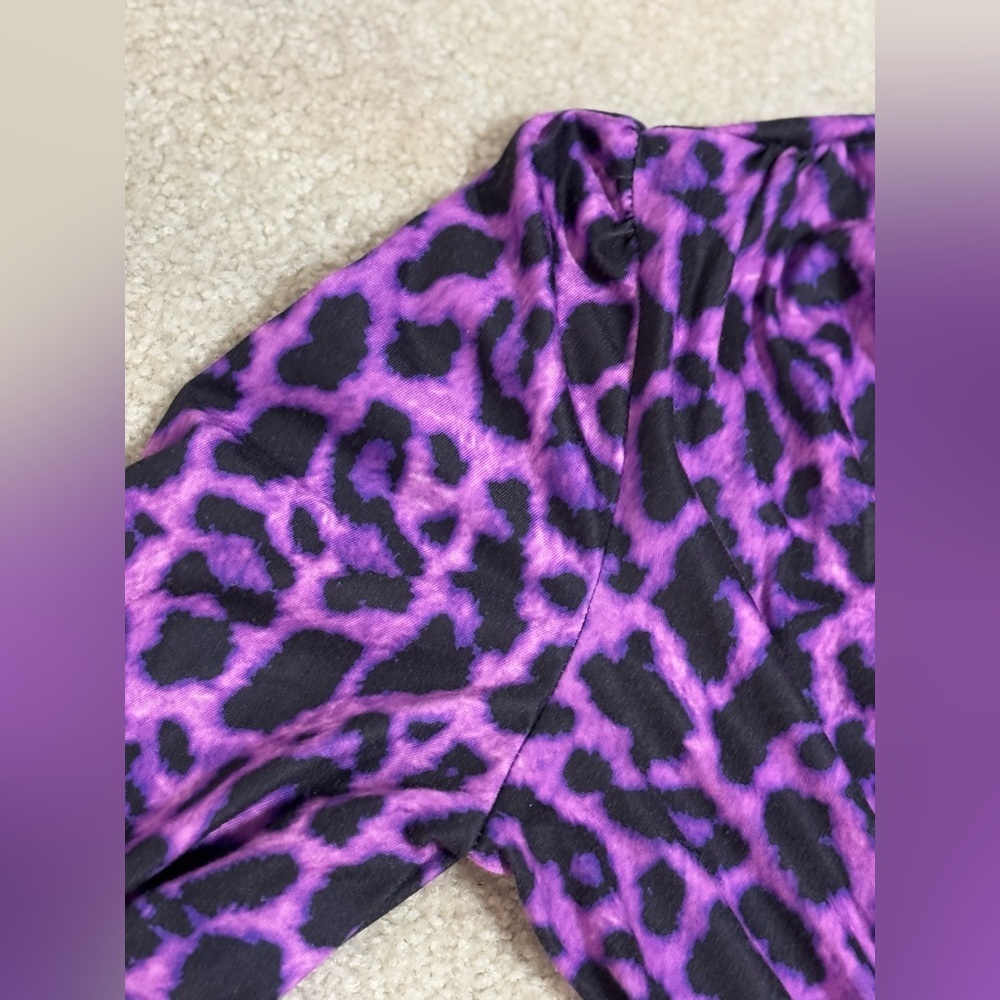 Purple Leopard Print Ruched Bodycon Dress | Long Sleeve Party Dress M - Picture 7 of 8